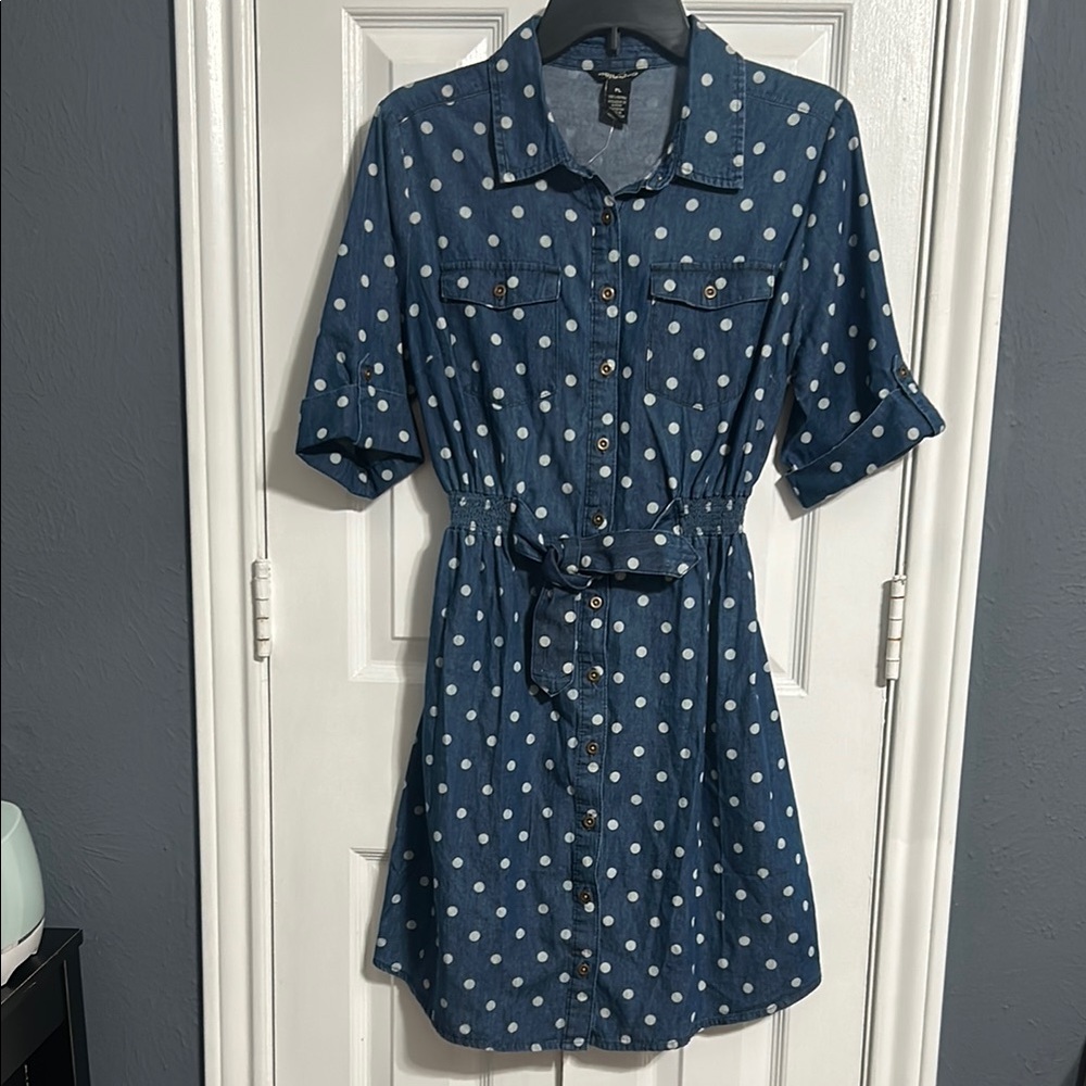 Blue Polka Dot Button-Up Dress